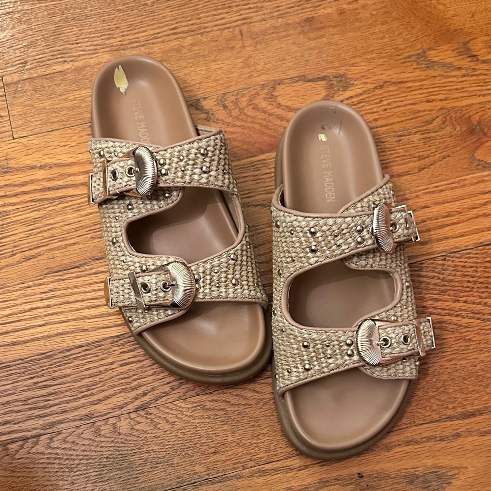 Steve Madden Tan Studded Buckle Slides